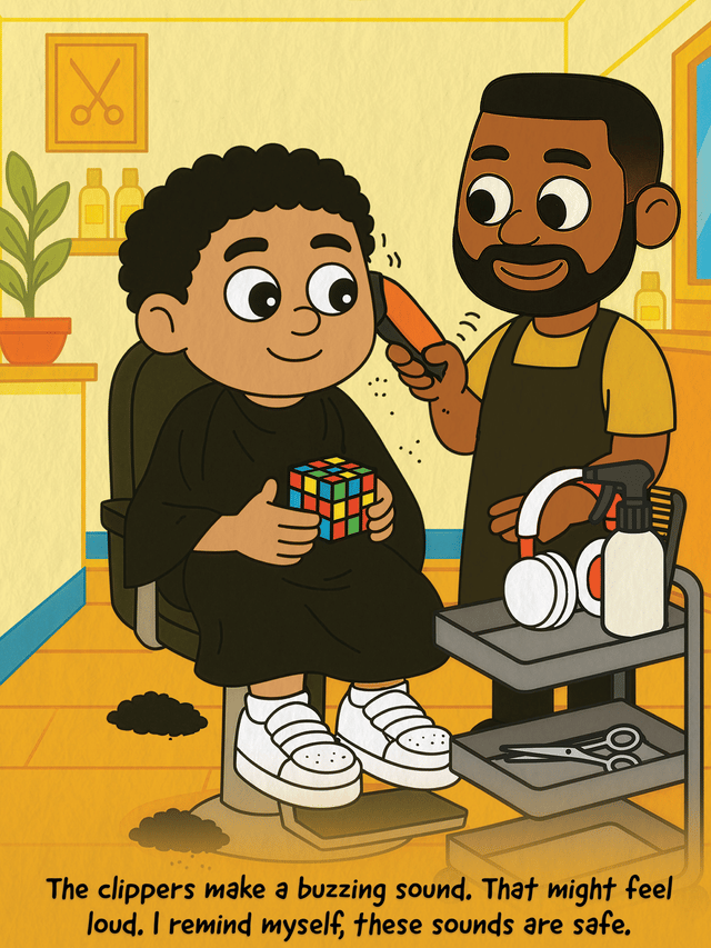 Getting a Haircut page preview showing Cam hearing the clippers buzzing