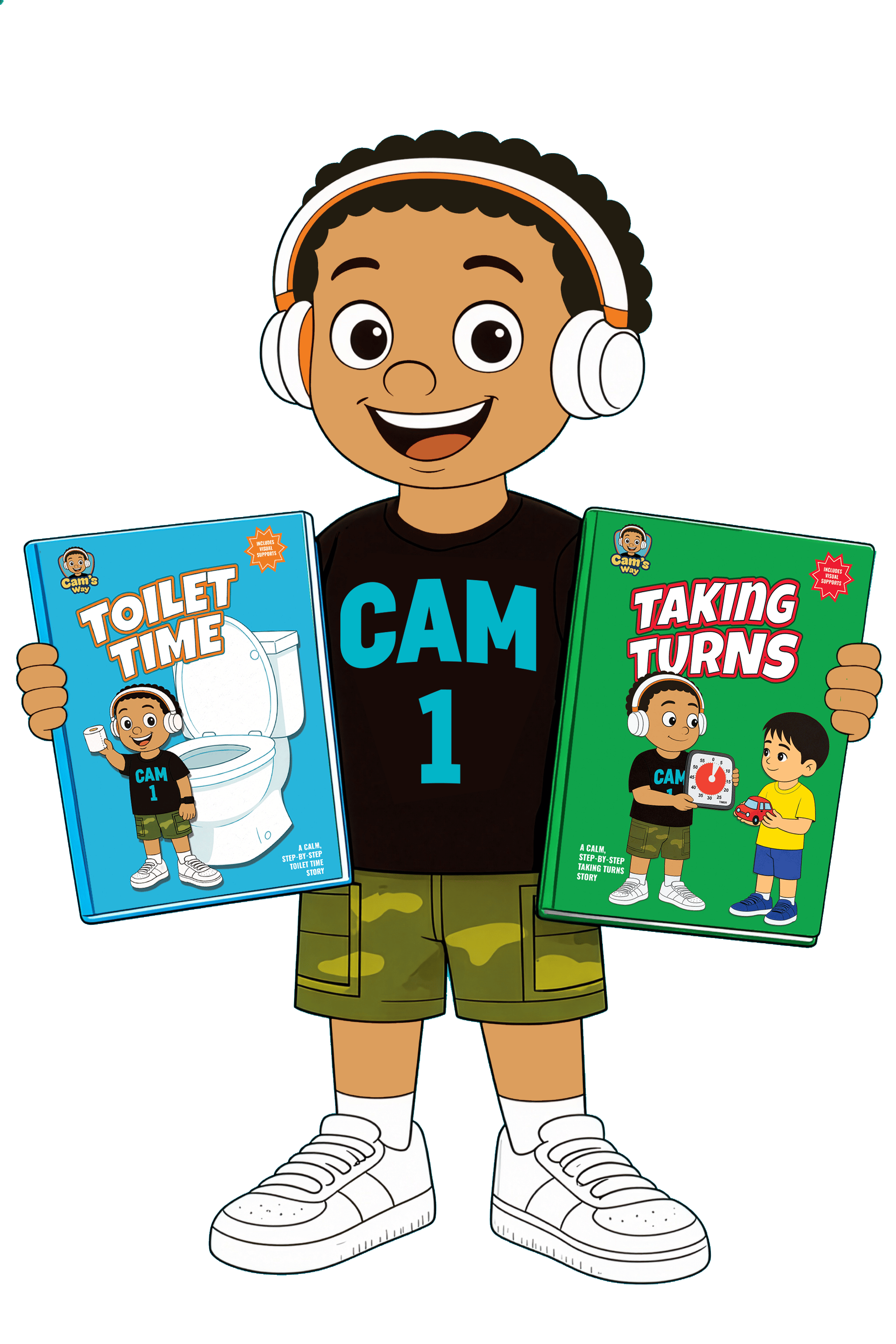 Cam smiling and holding books